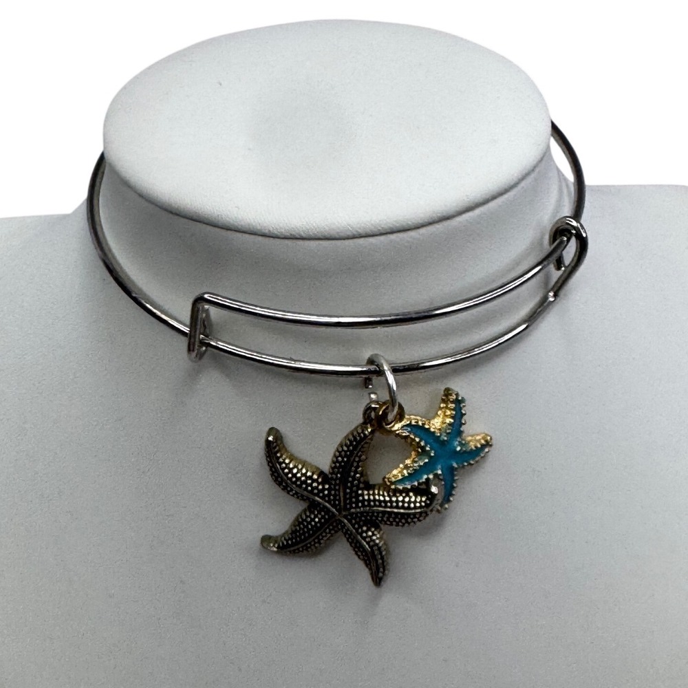 Silver Starfish Expandable Bangle Bracelet Turquoise Enamel Nautical Charm Beach